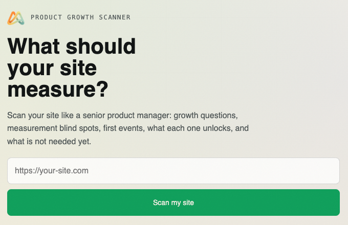 Product Growth Scanner input with a website field and Scan my site button